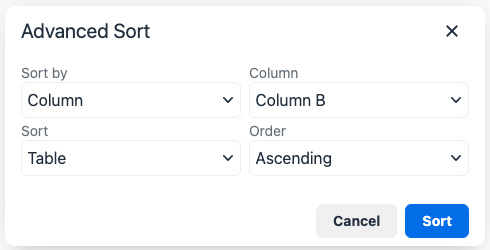 Advanced Tables sort dialog (Sort > Advanced Sort).